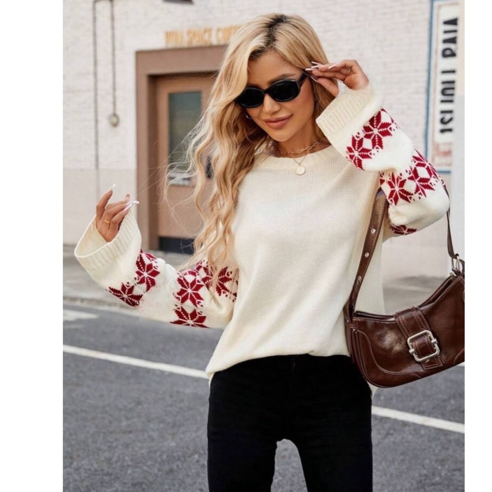 Bell Sleeve Crew Neck Snowflake Embroidered Knit Sweater